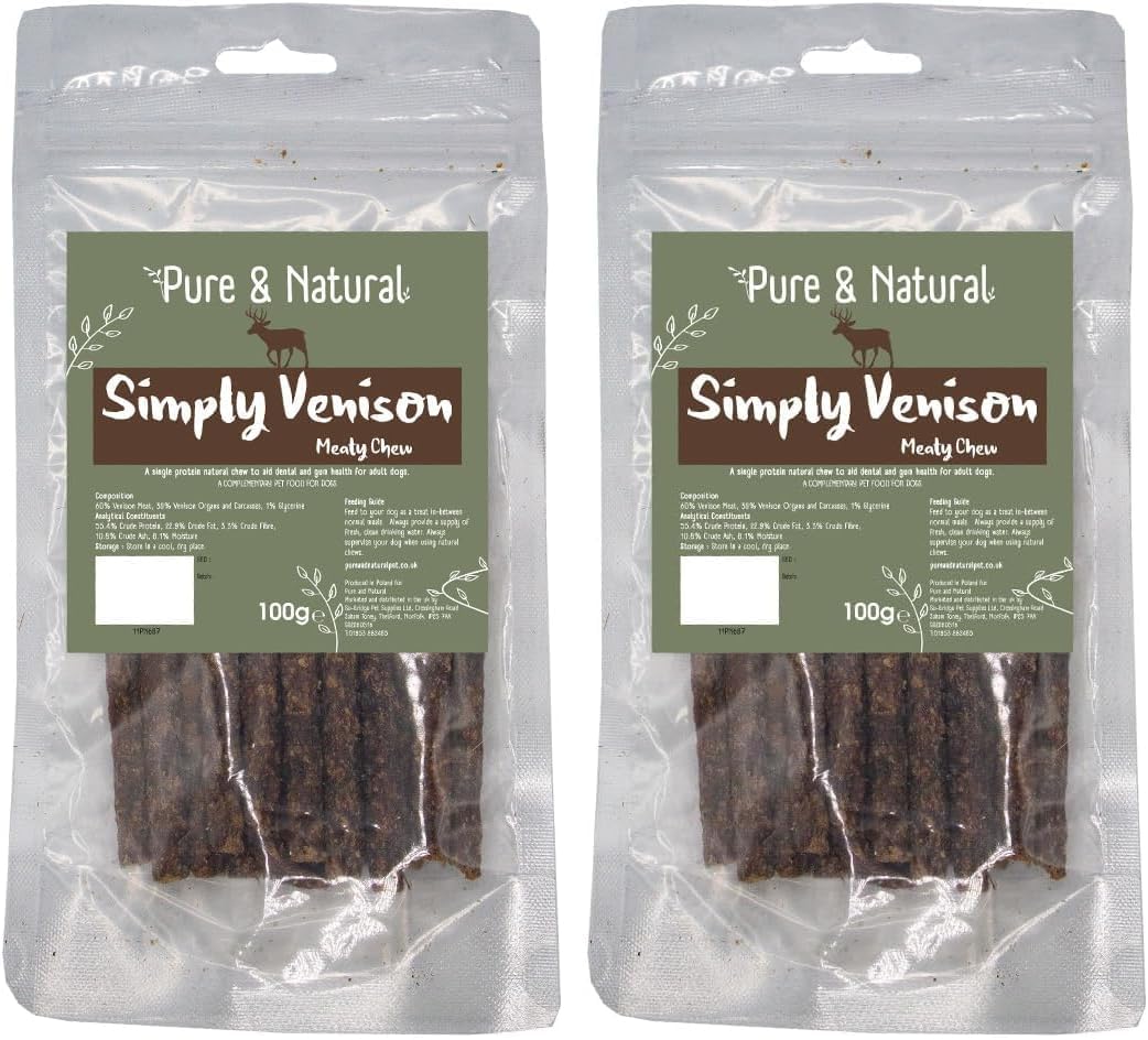 Pure & Natural Deer Meaty Sticks - 100% Natural Dog Treats, Venison Chews for Hypoallergenic, Grain-Free Snack for Medium Dogs - 100g Bag