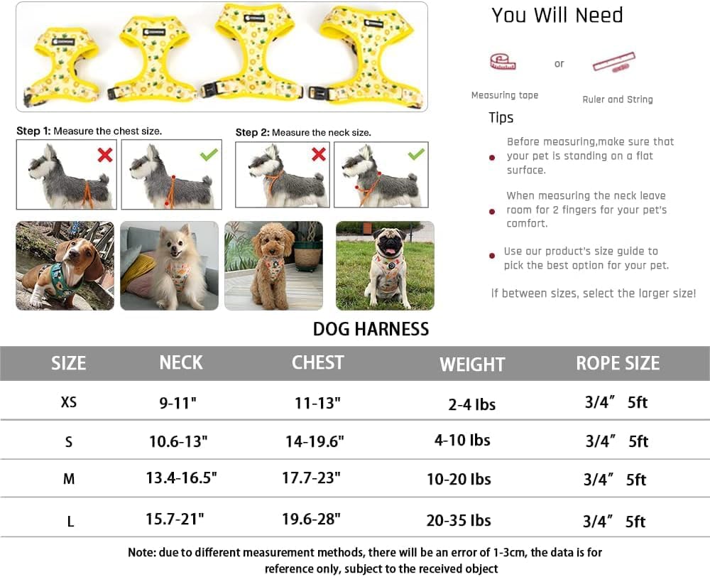 Dog Harness and Leash, Poop Bag Holder 3 Sets, Easy Walk No Pull Adjustable Puppy Cat Vest Harness with Soft Mesh Padded, Pet Supplies for Extra-Small/Small Medium Dogs Kitten