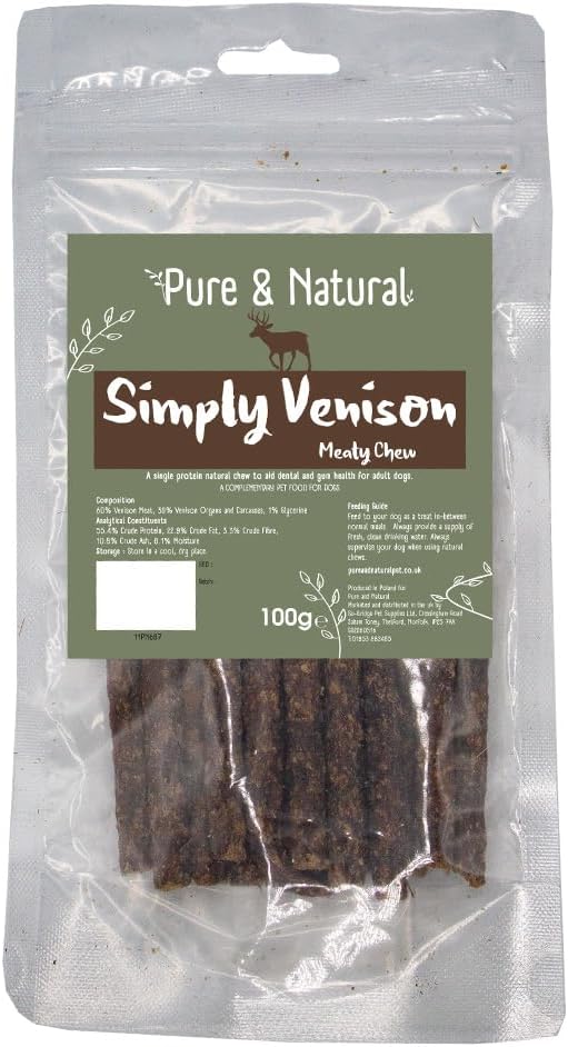 Pure & Natural Deer Meaty Sticks - 100% Natural Dog Treats, Venison Chews for Hypoallergenic, Grain-Free Snack for Medium Dogs - 100g Bag