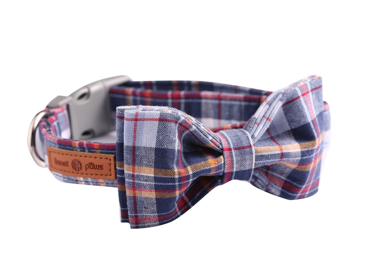 Lionet Paws Cat and Dog Collar with Bowtie,Grey Plaid Cotton Collar with Plastic Buckle,Adjustable Collars for Small Dogs and Cats,Neck 10-16in