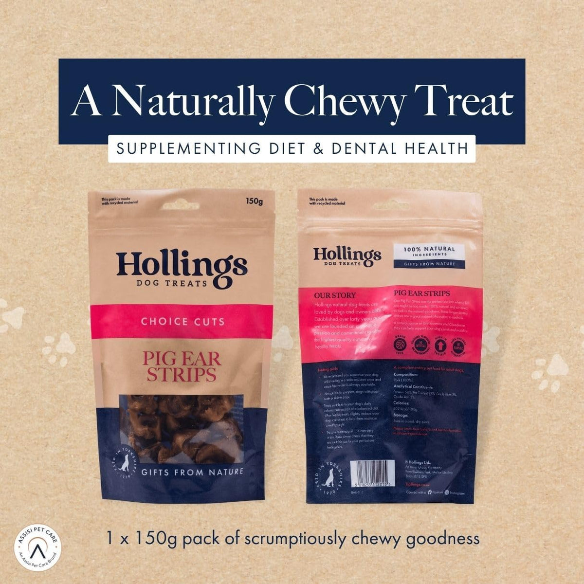Hollings Pig Ear Strips Dog Treats, 100% Natural Air Dried Long Lasting Chews for Adult Dogs, Grain Free & High in Protein (150g)