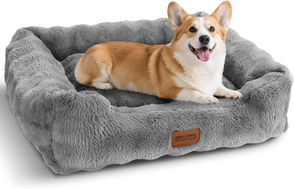 Nobleza Dog Bed Medium, Ultra Soft Warm Dog Beds Medium Washable, Fluffy 340GSM Bubble Fleece Dogs Bed with Removable Cover, Rectangle Pet Beds with Anti-Slip Bottom for Puppy and Cats,Grey,65x55x20cm