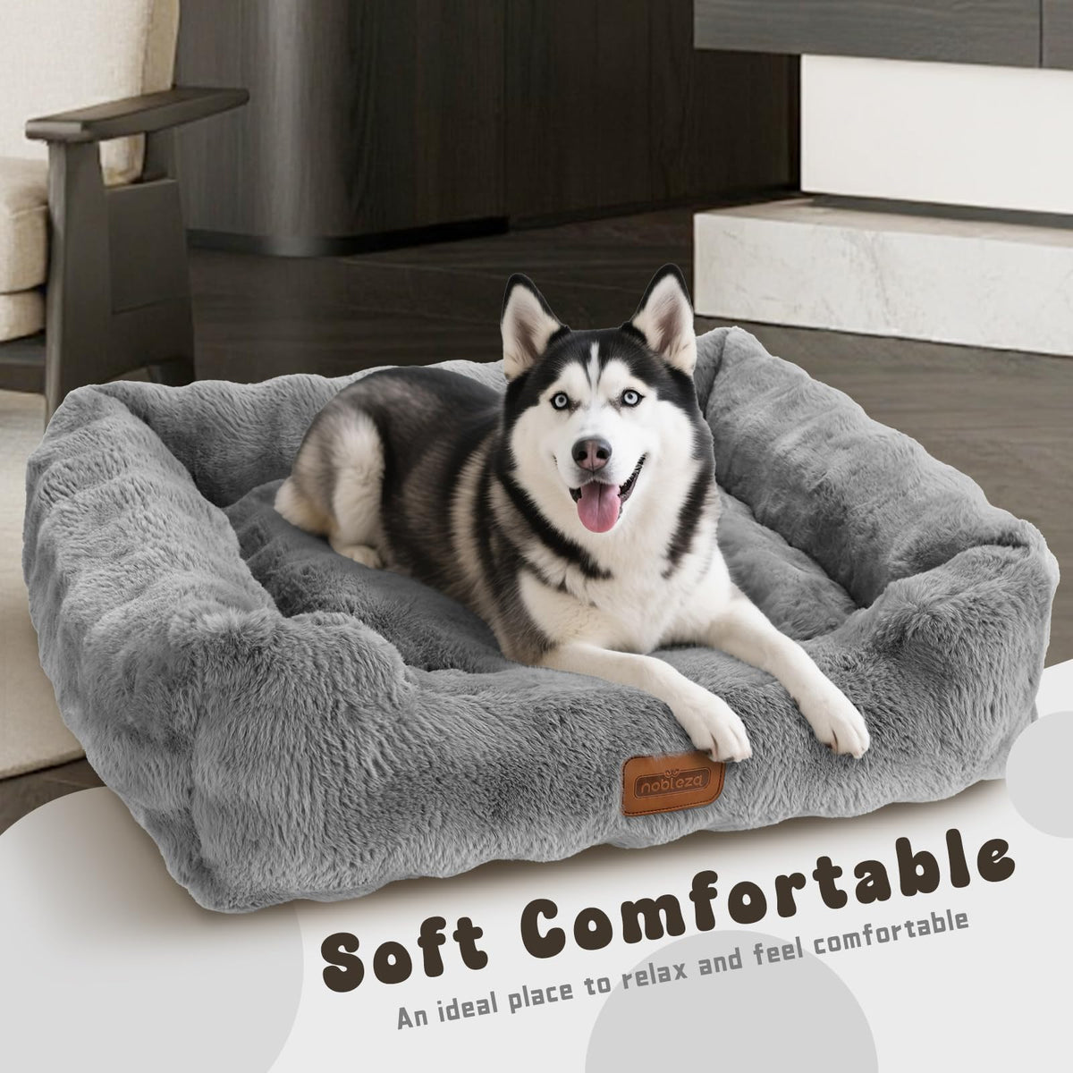 Nobleza Dog Bed Medium, Ultra Soft Warm Dog Beds Medium Washable, Fluffy 340GSM Bubble Fleece Dogs Bed with Removable Cover, Rectangle Pet Beds with Anti-Slip Bottom for Puppy and Cats,Grey,65x55x20cm