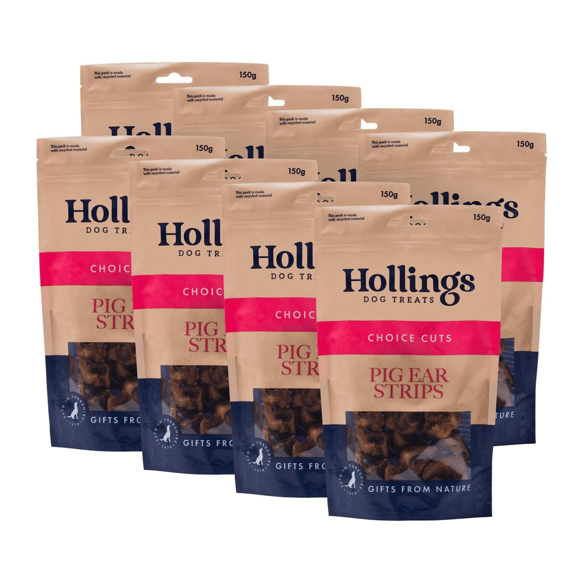 Hollings Pig Ear Strips Dog Treats, 100% Natural Air Dried Long Lasting Chews for Adult Dogs, Grain Free & High in Protein (150g)