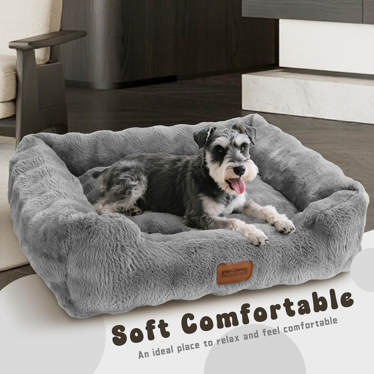 Nobleza Dog Bed Medium, Ultra Soft Warm Dog Beds Medium Washable, Fluffy 340GSM Bubble Fleece Dogs Bed with Removable Cover, Rectangle Pet Beds with Anti-Slip Bottom for Puppy and Cats,Grey,65x55x20cm