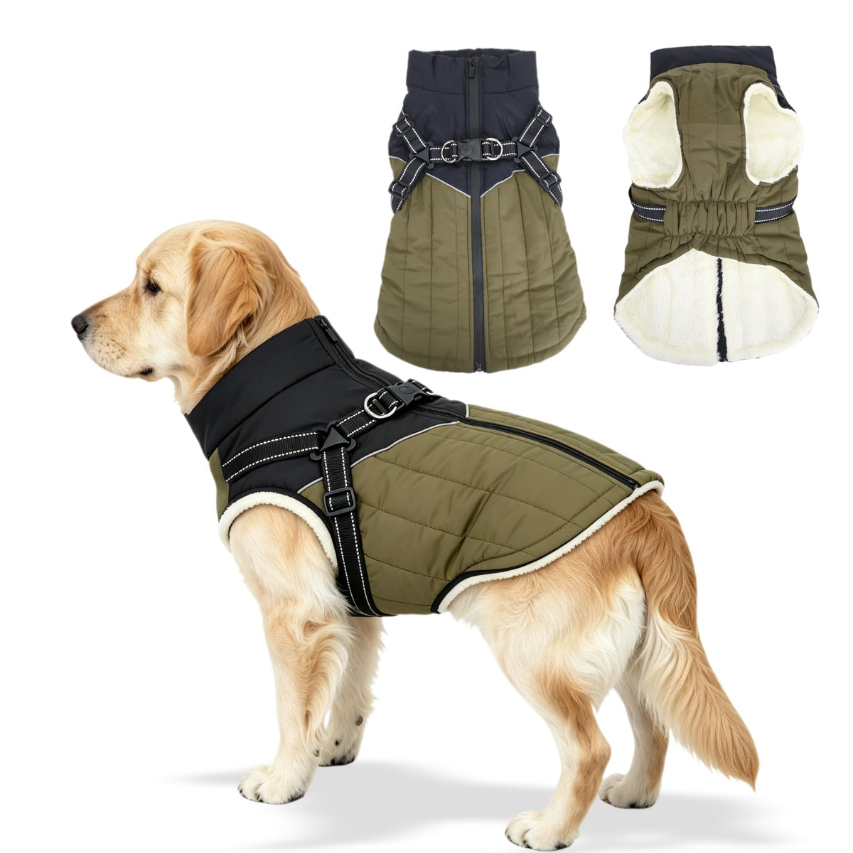 Waterproof Dog Coat with Harness, Warm Fleece Lining, Reflective Strips, Zipper Closure, Windproof, Cold Weather, for Small Medium Large Breeds Puppies, Indoor Outdoor Camping Hiking, Winter Walks