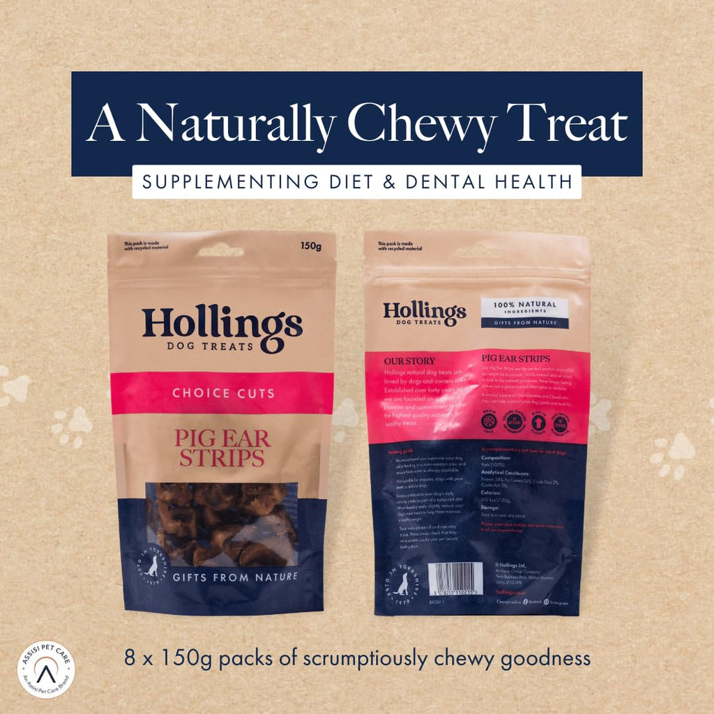 Hollings Pig Ear Strips Dog Treats, 100% Natural Air Dried Long Lasting Chews for Adult Dogs, Grain Free & High in Protein (150g)