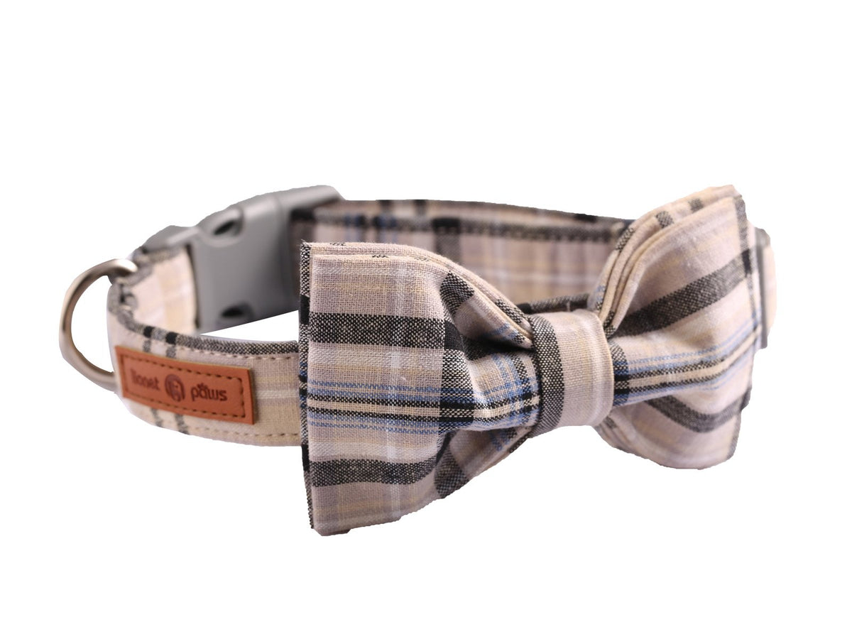 Lionet Paws Cat and Dog Collar with Bowtie,Grey Plaid Cotton Collar with Plastic Buckle,Adjustable Collars for Small Dogs and Cats,Neck 10-16in