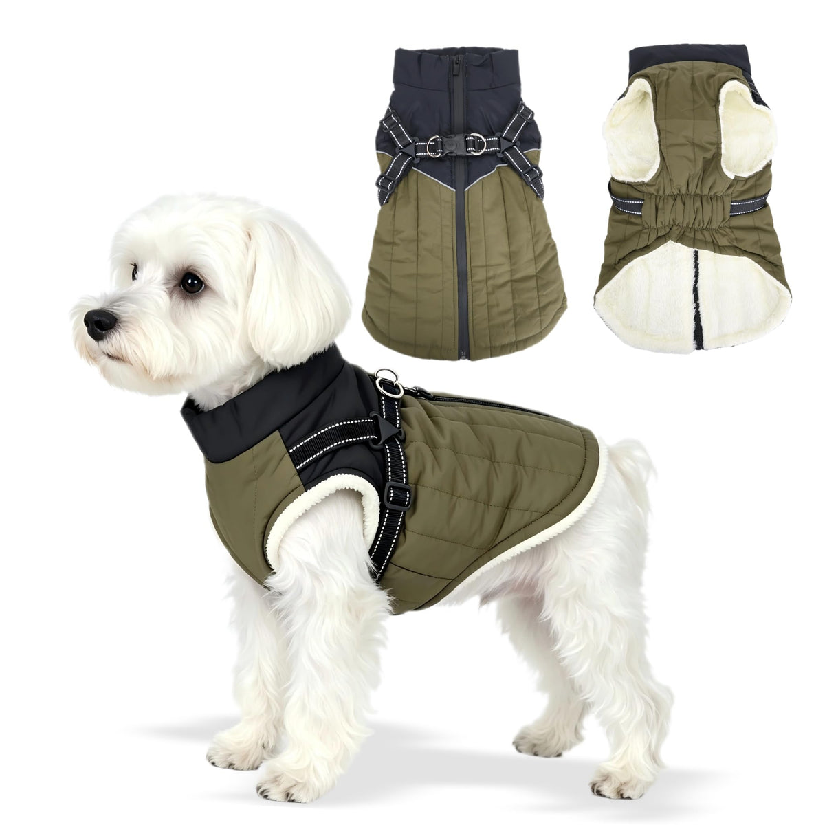 Waterproof Dog Coat with Harness, Warm Fleece Lining, Reflective Strips, Zipper Closure, Windproof, Cold Weather, for Small Medium Large Breeds Puppies, Indoor Outdoor Camping Hiking, Winter Walks