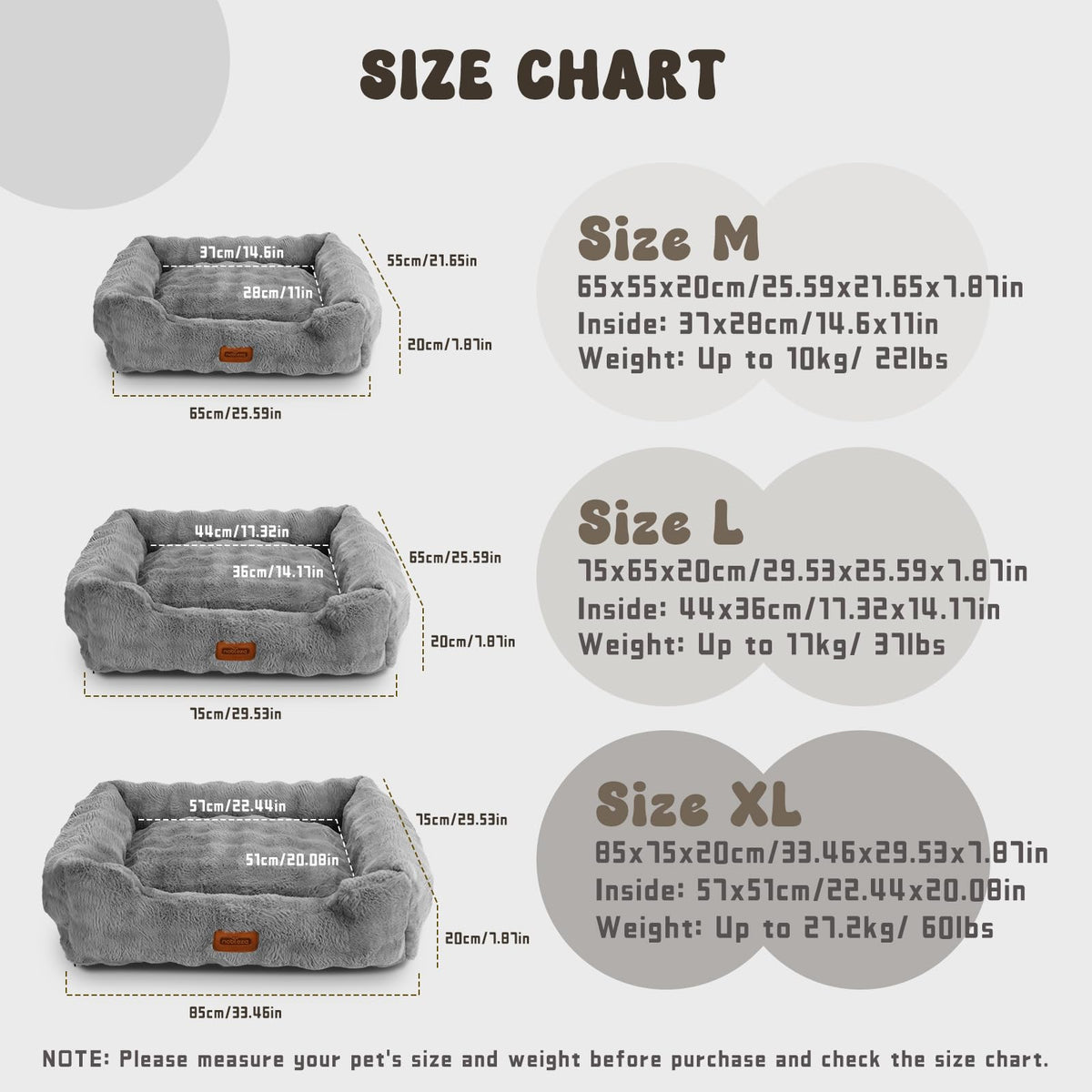 Nobleza Dog Bed Medium, Ultra Soft Warm Dog Beds Medium Washable, Fluffy 340GSM Bubble Fleece Dogs Bed with Removable Cover, Rectangle Pet Beds with Anti-Slip Bottom for Puppy and Cats,Grey,65x55x20cm