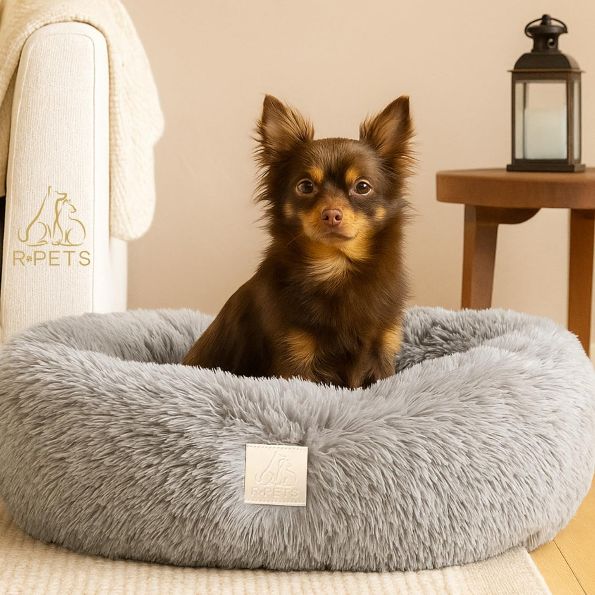 Pet Halo Small Pet Bed Anti-Anxiety Dog Bed Soft Plush Shaggy Calming Cat Bed Non Slip Base Hypoallergenic Machine Washable Joint Support For Small Cats & Dogs 60cm x 60cm x 20cm