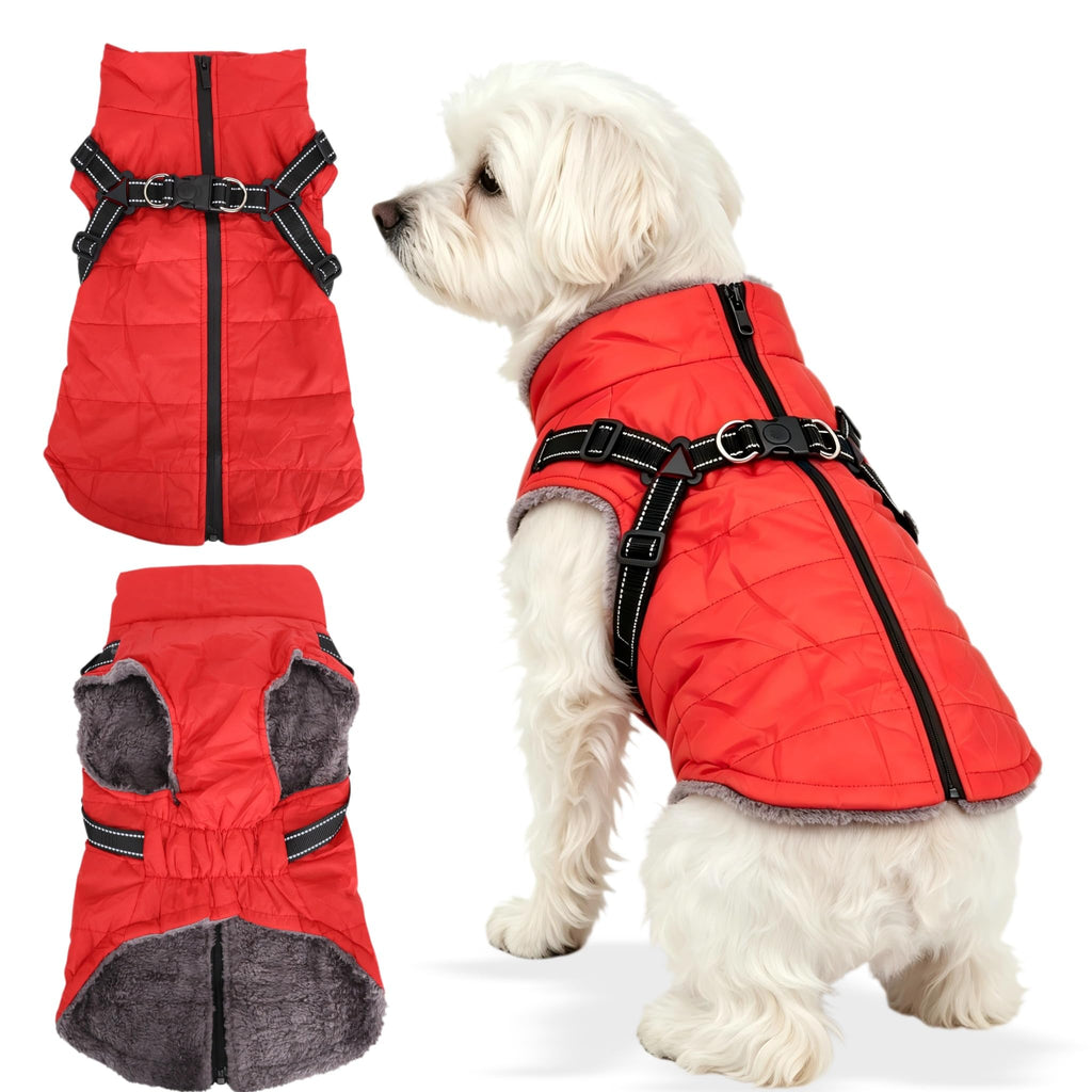 Waterproof Dog Coat with Harness, Warm Fleece Lining, Reflective Strips, Zipper Closure, Windproof, Cold Weather, for Small Medium Large Breeds Puppies, Indoor Outdoor Camping Hiking, Winter Walks