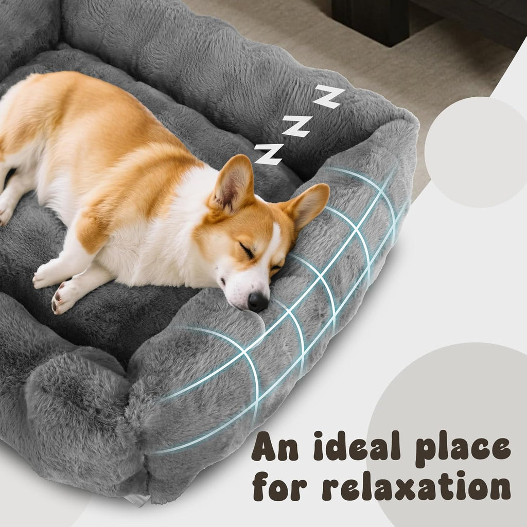 Nobleza Dog Bed Medium, Ultra Soft Warm Dog Beds Medium Washable, Fluffy 340GSM Bubble Fleece Dogs Bed with Removable Cover, Rectangle Pet Beds with Anti-Slip Bottom for Puppy and Cats,Grey,65x55x20cm