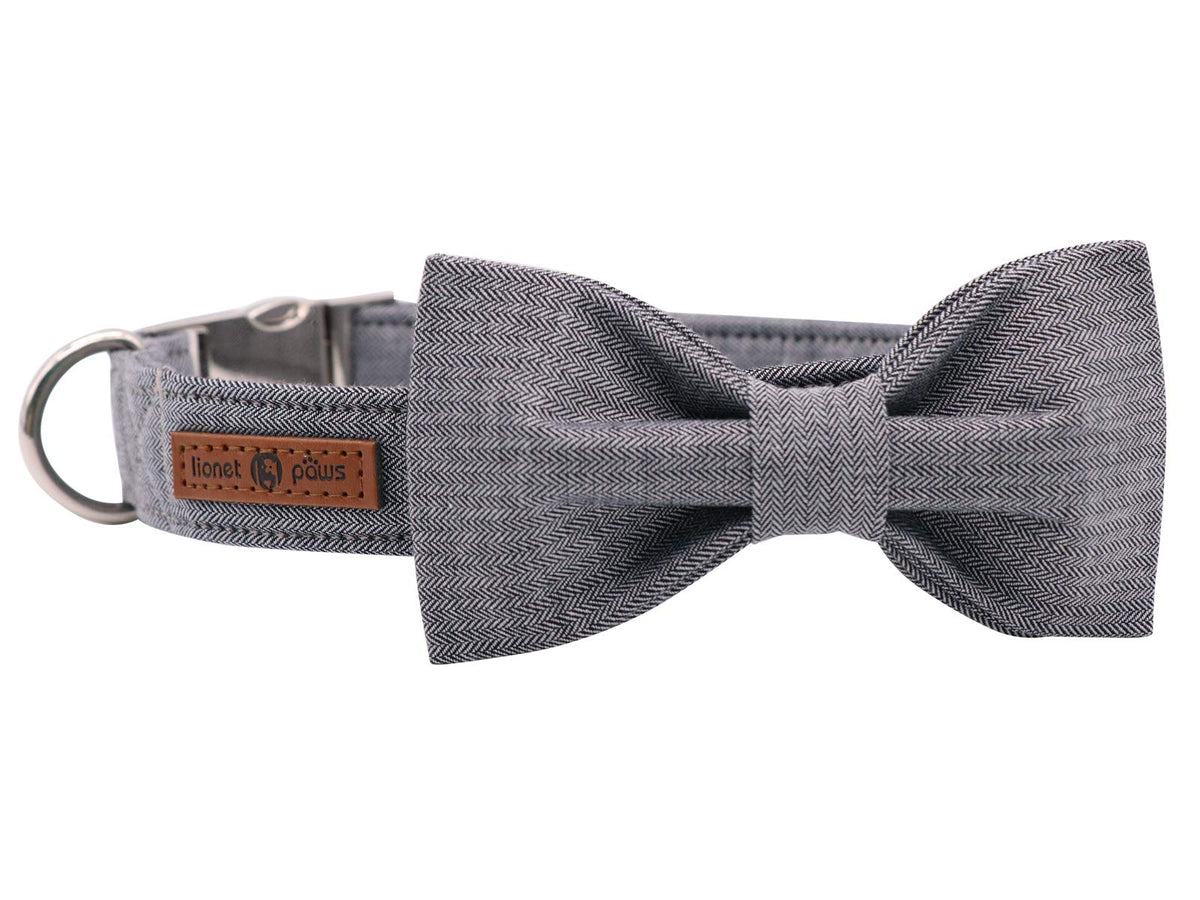 Lionet Paws Cat and Dog Collar with Bowtie,Grey Plaid Cotton Collar with Plastic Buckle,Adjustable Collars for Small Dogs and Cats,Neck 10-16in