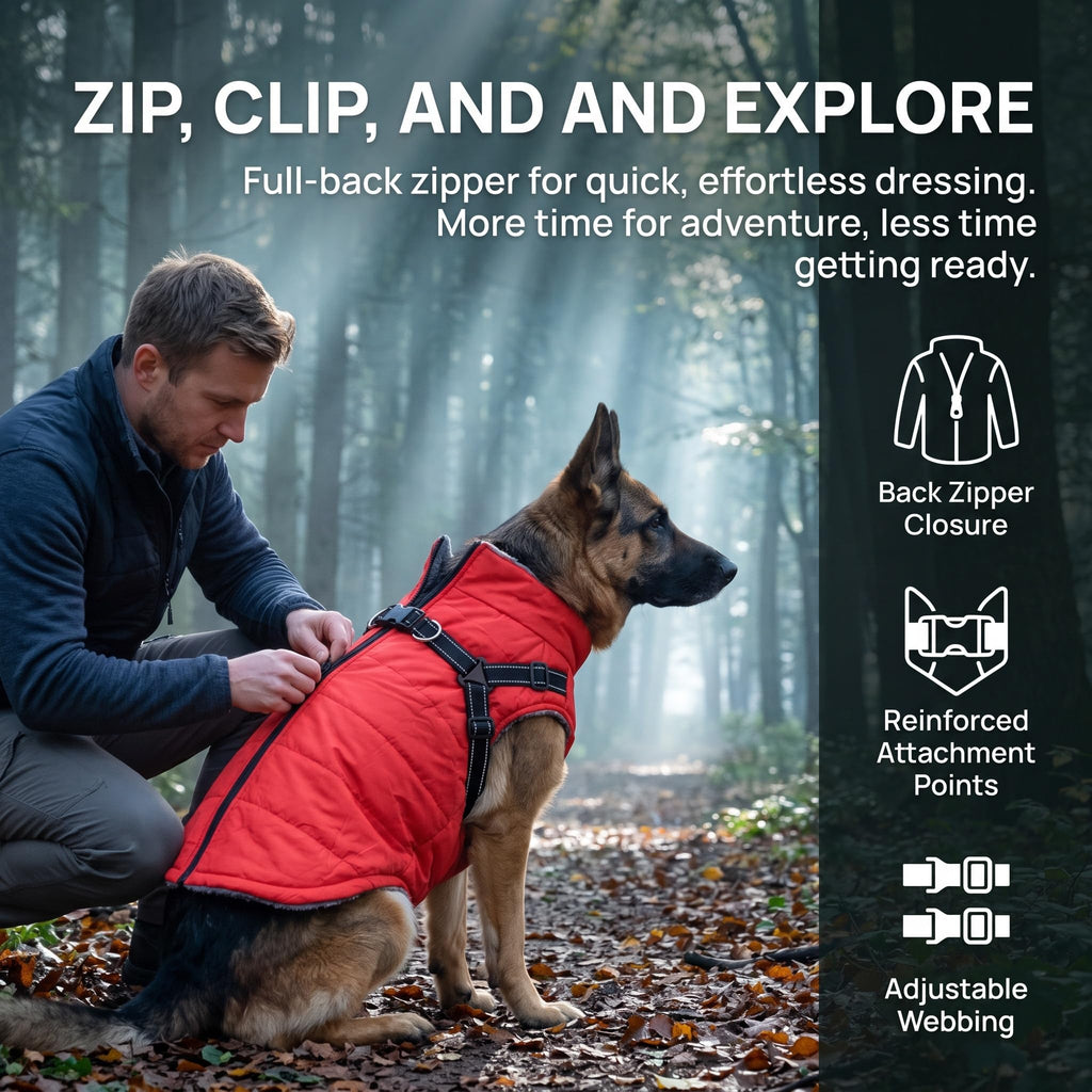 Waterproof Dog Coat with Harness, Warm Fleece Lining, Reflective Strips, Zipper Closure, Windproof, Cold Weather, for Small Medium Large Breeds Puppies, Indoor Outdoor Camping Hiking, Winter Walks