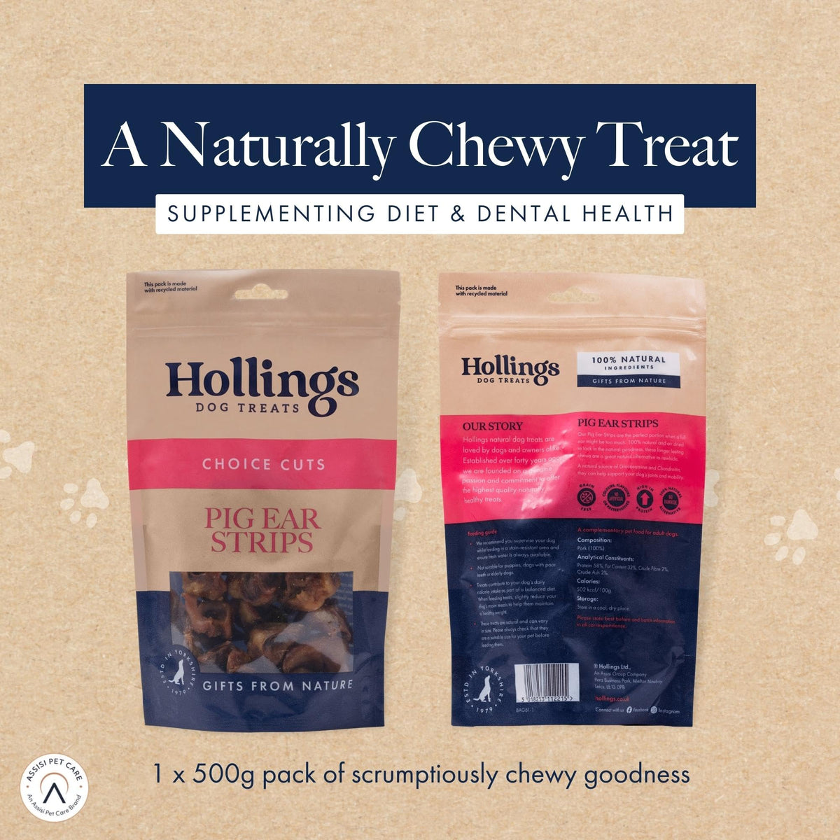 Hollings Pig Ear Strips Dog Treats, 100% Natural Air Dried Long Lasting Chews for Adult Dogs, Grain Free & High in Protein (150g)