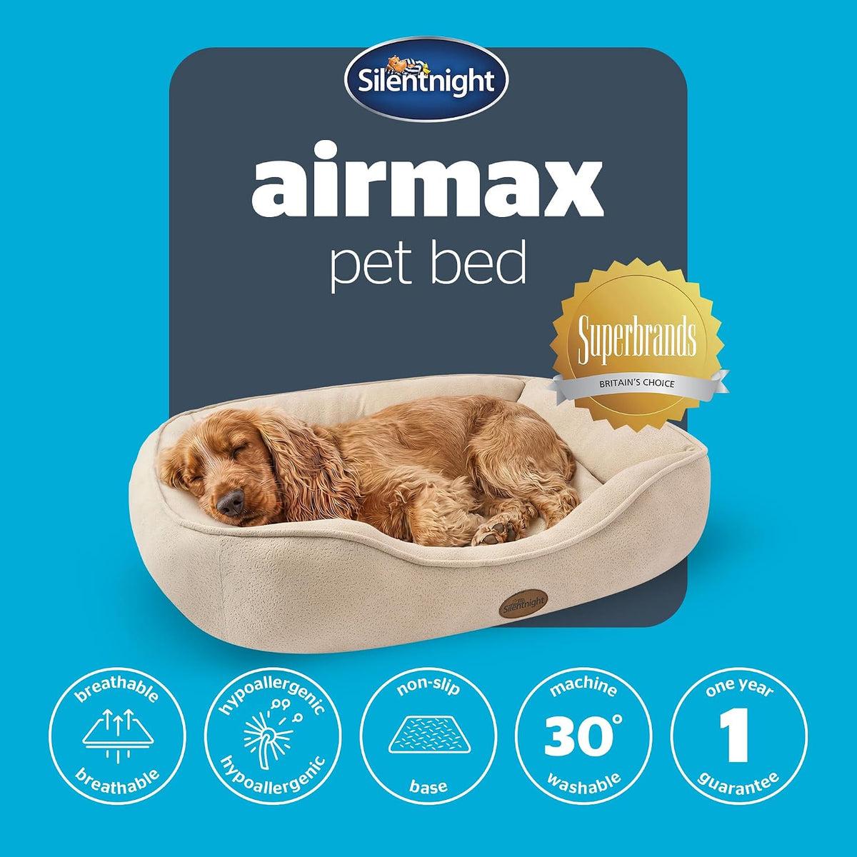 Silentnight Airmax Pet Bed - Comfortable Support for Head & Body - Breathable Prevent Overheating - Reversible Removable Cushion & Non-Slip Base - Easy Clean Machine Washable Dog Bed, Natural, Small