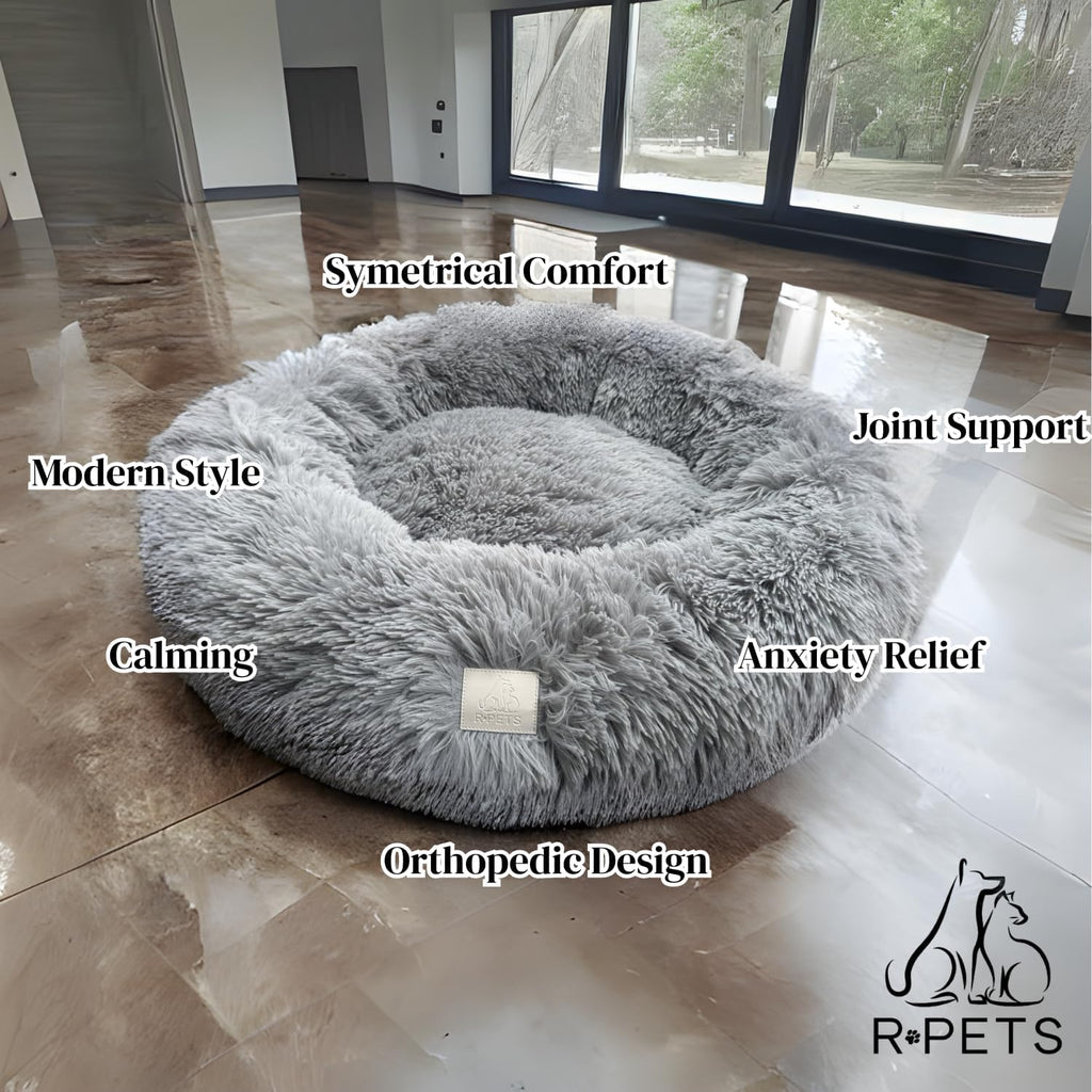 Pet Halo Small Pet Bed Anti-Anxiety Dog Bed Soft Plush Shaggy Calming Cat Bed Non Slip Base Hypoallergenic Machine Washable Joint Support For Small Cats & Dogs 60cm x 60cm x 20cm