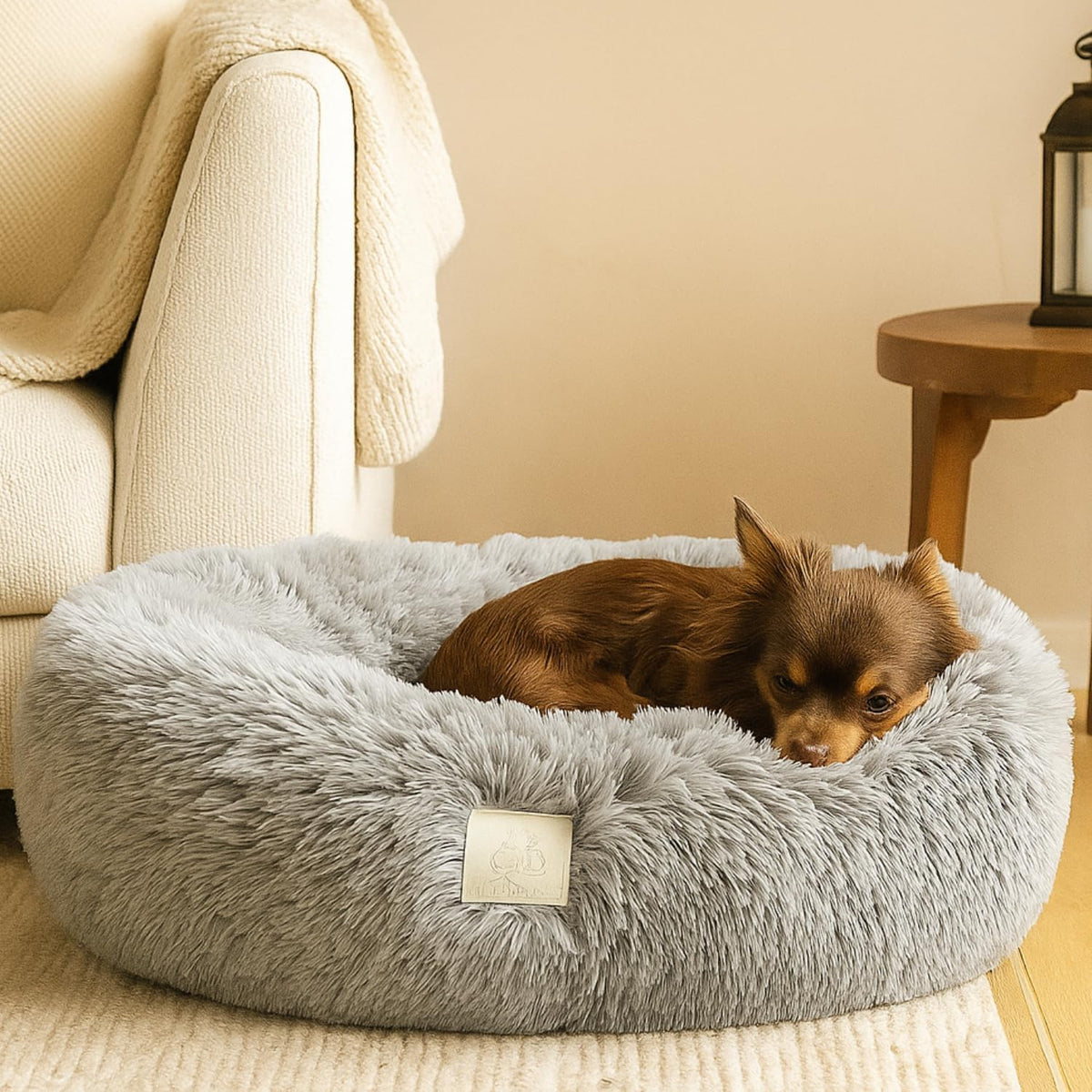 Pet Halo Small Pet Bed Anti-Anxiety Dog Bed Soft Plush Shaggy Calming Cat Bed Non Slip Base Hypoallergenic Machine Washable Joint Support For Small Cats & Dogs 60cm x 60cm x 20cm