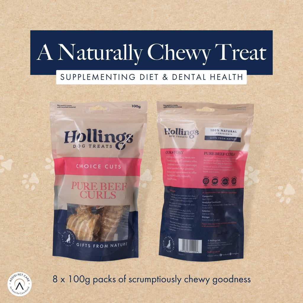 Hollings Beef Curls Dog Treats, All Natural Grain Free & Easily Digestible Air Dried Treats for Adult Dogs, Made From 100% Beef Trachea, 100 g
