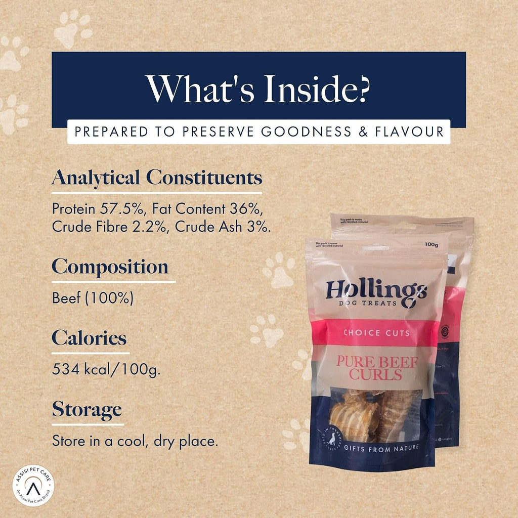 Hollings Beef Curls Dog Treats, All Natural Grain Free & Easily Digestible Air Dried Treats for Adult Dogs, Made From 100% Beef Trachea, 100 g