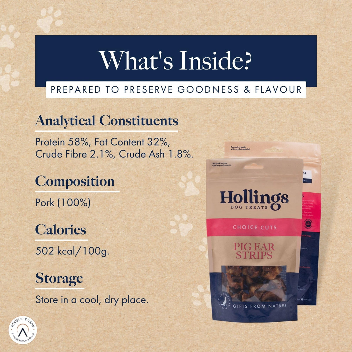 Hollings Pig Ear Strips Dog Treats, 100% Natural Air Dried Long Lasting Chews for Adult Dogs, Grain Free & High in Protein (150g)