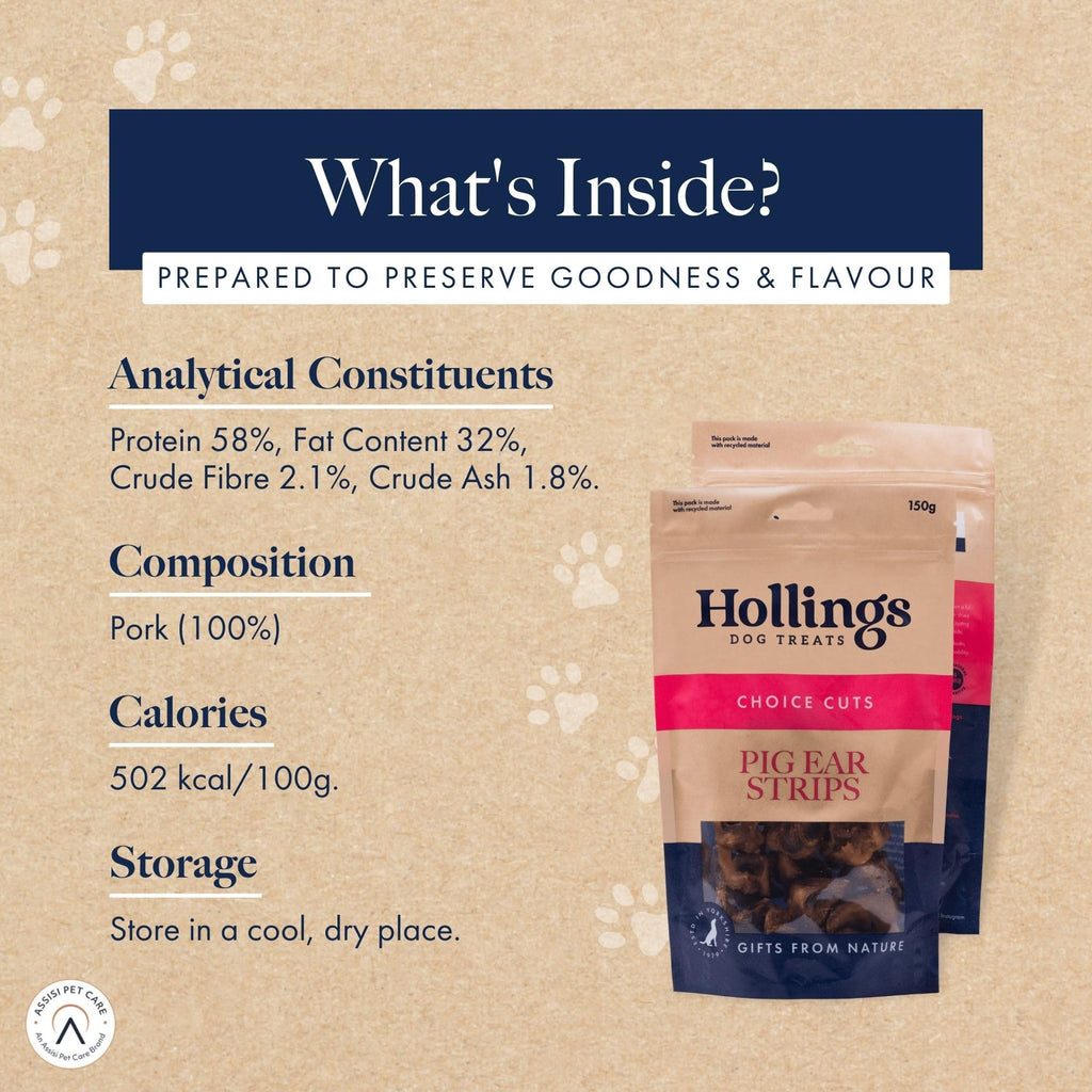 Hollings Pig Ear Strips Dog Treats, 100% Natural Air Dried Long Lasting Chews for Adult Dogs, Grain Free & High in Protein (150g)