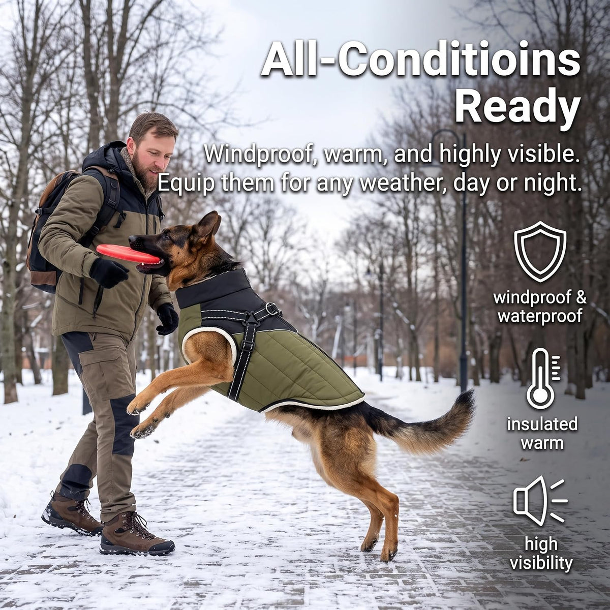 Waterproof Dog Coat with Harness, Warm Fleece Lining, Reflective Strips, Zipper Closure, Windproof, Cold Weather, for Small Medium Large Breeds Puppies, Indoor Outdoor Camping Hiking, Winter Walks