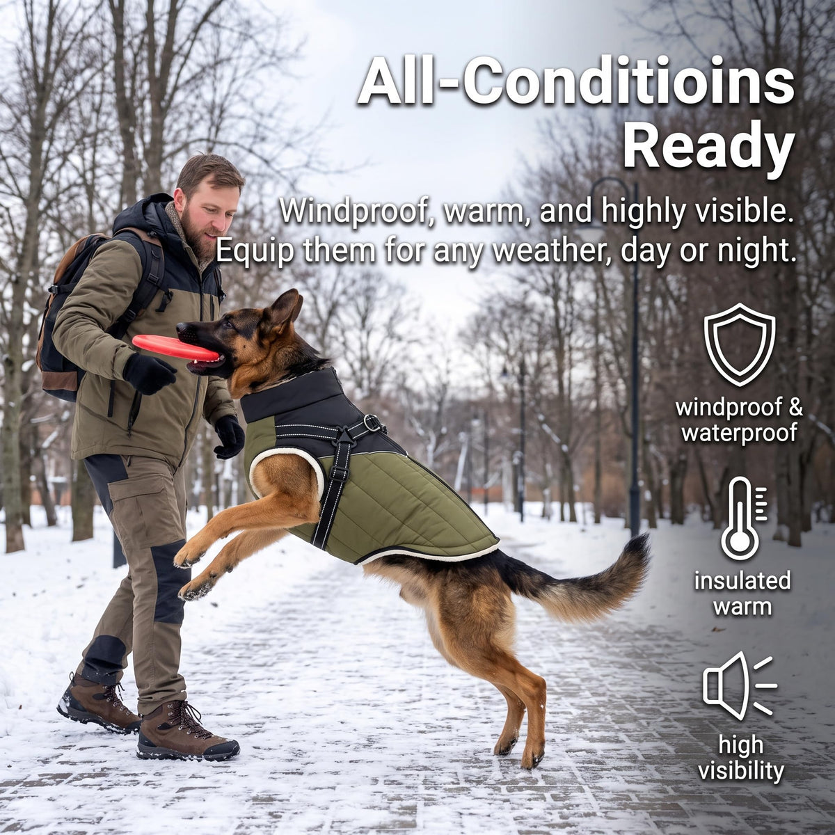 Waterproof Dog Coat with Harness, Warm Fleece Lining, Reflective Strips, Zipper Closure, Windproof, Cold Weather, for Small Medium Large Breeds Puppies, Indoor Outdoor Camping Hiking, Winter Walks