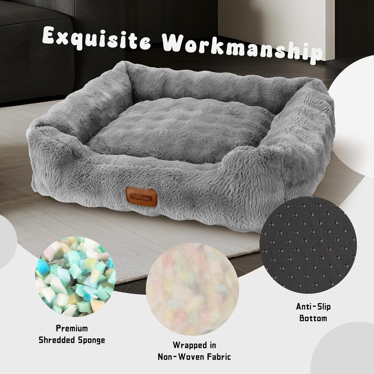 Nobleza Dog Bed Medium, Ultra Soft Warm Dog Beds Medium Washable, Fluffy 340GSM Bubble Fleece Dogs Bed with Removable Cover, Rectangle Pet Beds with Anti-Slip Bottom for Puppy and Cats,Grey,65x55x20cm