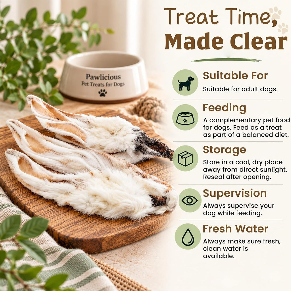 PAWLICIOUS Rabbit Ears with Fur for Dogs 200g, 100% Natural Air-Dried Treat Chew for Dog, Puppy & Senior Healthy & Hypoallergenic Dog Food Grain & Gluten Free Pet Treats