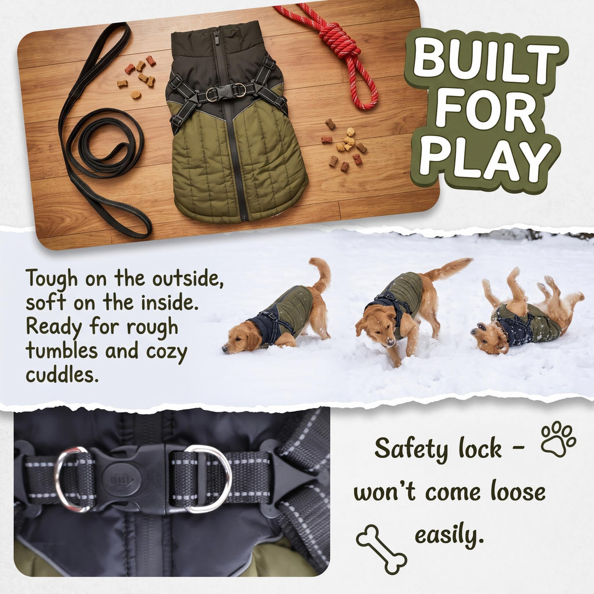 Waterproof Dog Coat with Harness, Warm Fleece Lining, Reflective Strips, Zipper Closure, Windproof, Cold Weather, for Small Medium Large Breeds Puppies, Indoor Outdoor Camping Hiking, Winter Walks
