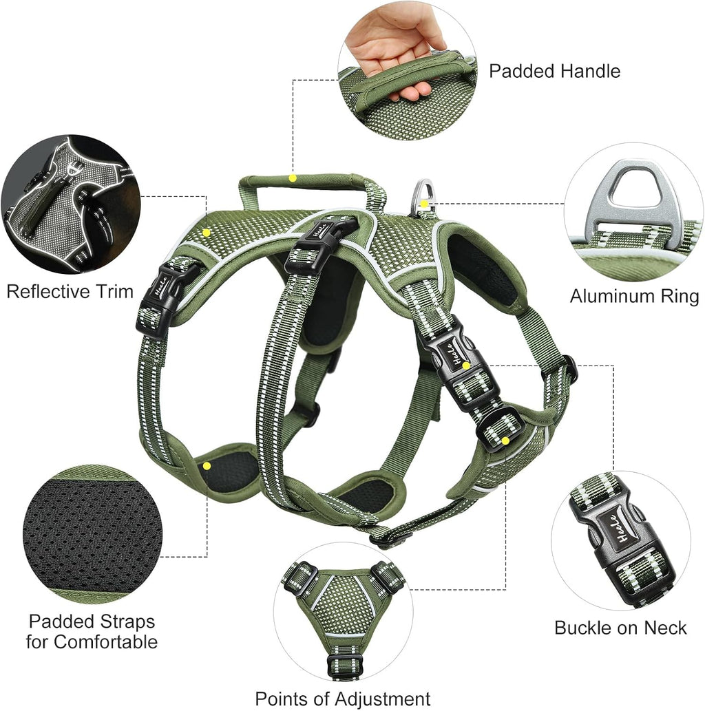HEELE Dog Harness Escape Proof, Release on Neck, No Pull Reflective Adjustable Vest with Durable Handle, Vest Harness for Outdoor Training Walking, Harness for Medium/Active Dogs, Green, M