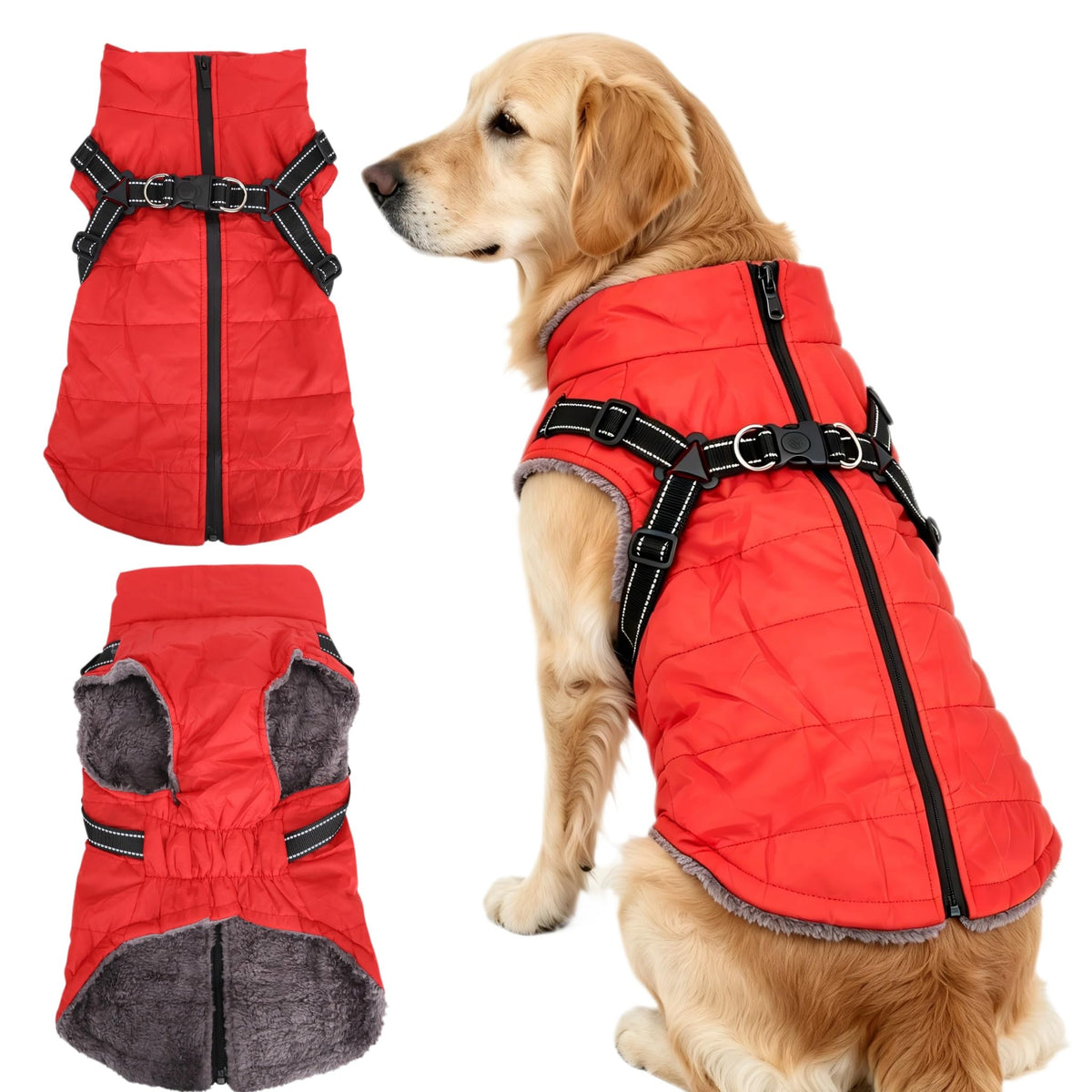 Waterproof Dog Coat with Harness, Warm Fleece Lining, Reflective Strips, Zipper Closure, Windproof, Cold Weather, for Small Medium Large Breeds Puppies, Indoor Outdoor Camping Hiking, Winter Walks