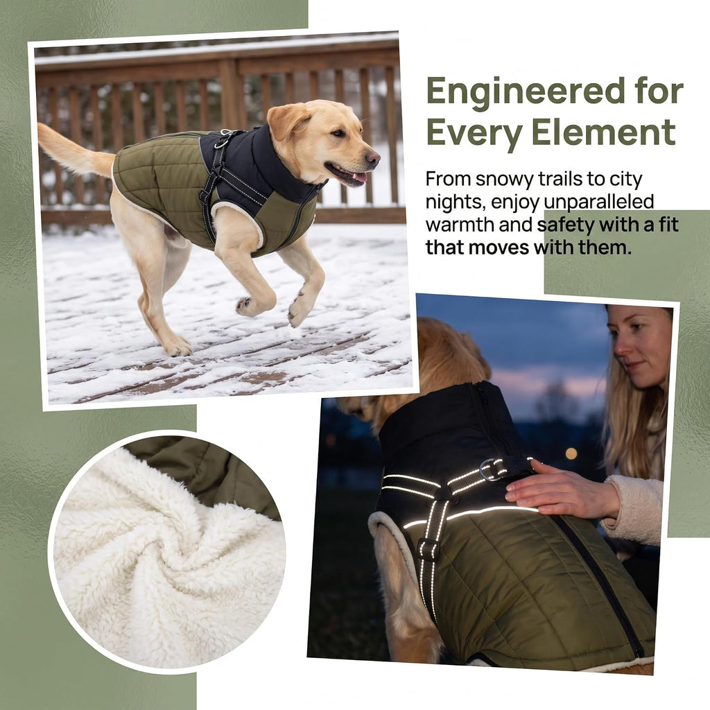 Waterproof Dog Coat with Harness, Warm Fleece Lining, Reflective Strips, Zipper Closure, Windproof, Cold Weather, for Small Medium Large Breeds Puppies, Indoor Outdoor Camping Hiking, Winter Walks