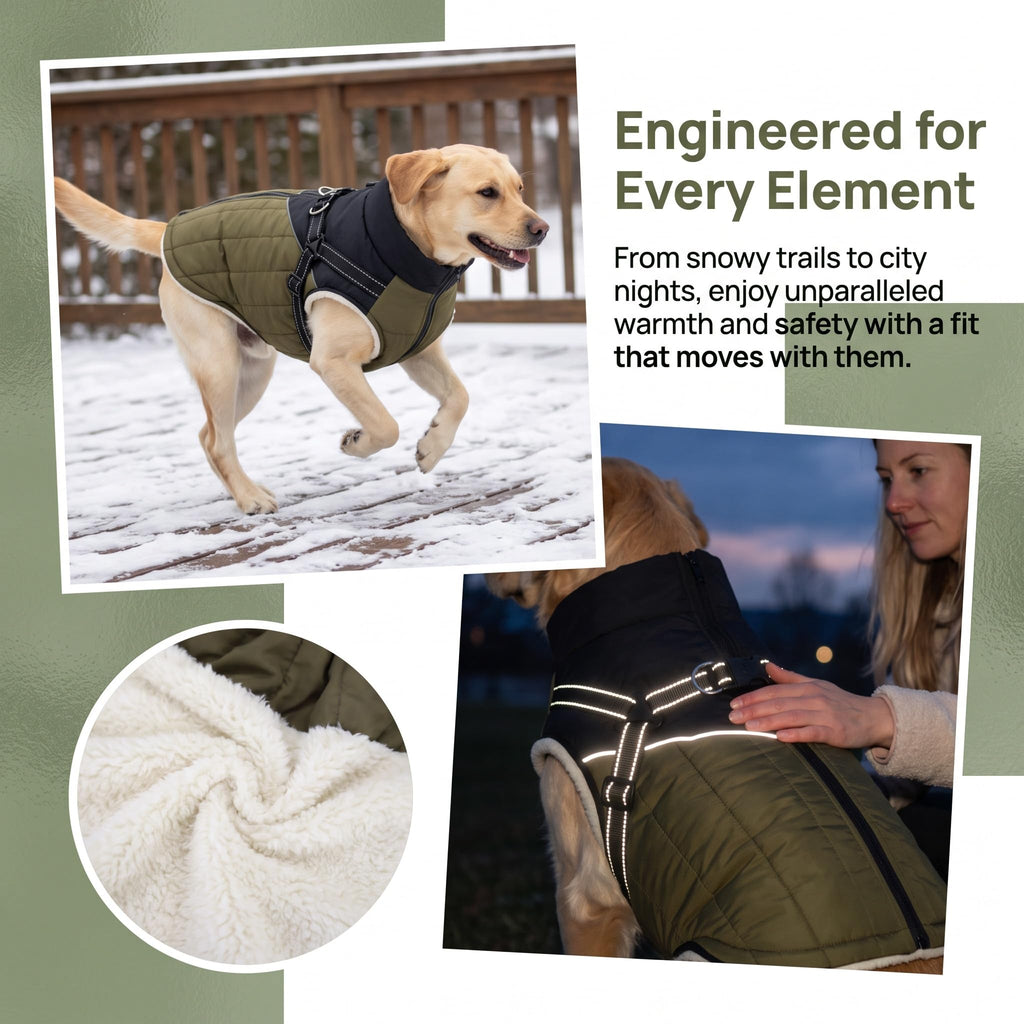 Waterproof Dog Coat with Harness, Warm Fleece Lining, Reflective Strips, Zipper Closure, Windproof, Cold Weather, for Small Medium Large Breeds Puppies, Indoor Outdoor Camping Hiking, Winter Walks