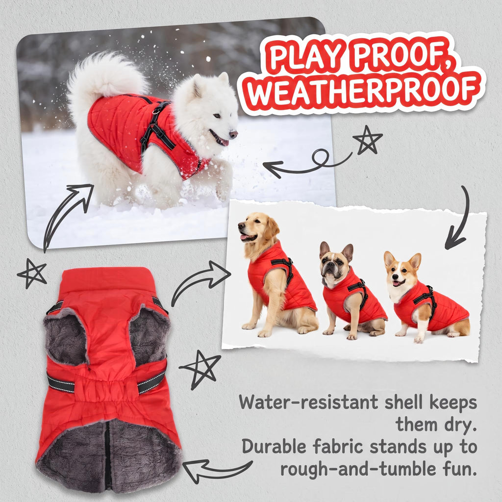 Waterproof Dog Coat with Harness, Warm Fleece Lining, Reflective Strips, Zipper Closure, Windproof, Cold Weather, for Small Medium Large Breeds Puppies, Indoor Outdoor Camping Hiking, Winter Walks