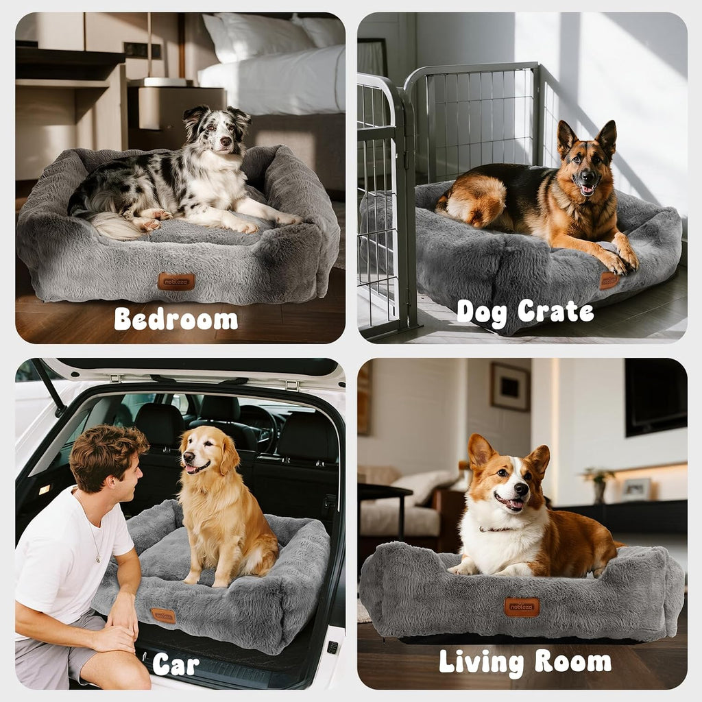 Nobleza Dog Bed Medium, Ultra Soft Warm Dog Beds Medium Washable, Fluffy 340GSM Bubble Fleece Dogs Bed with Removable Cover, Rectangle Pet Beds with Anti-Slip Bottom for Puppy and Cats,Grey,65x55x20cm