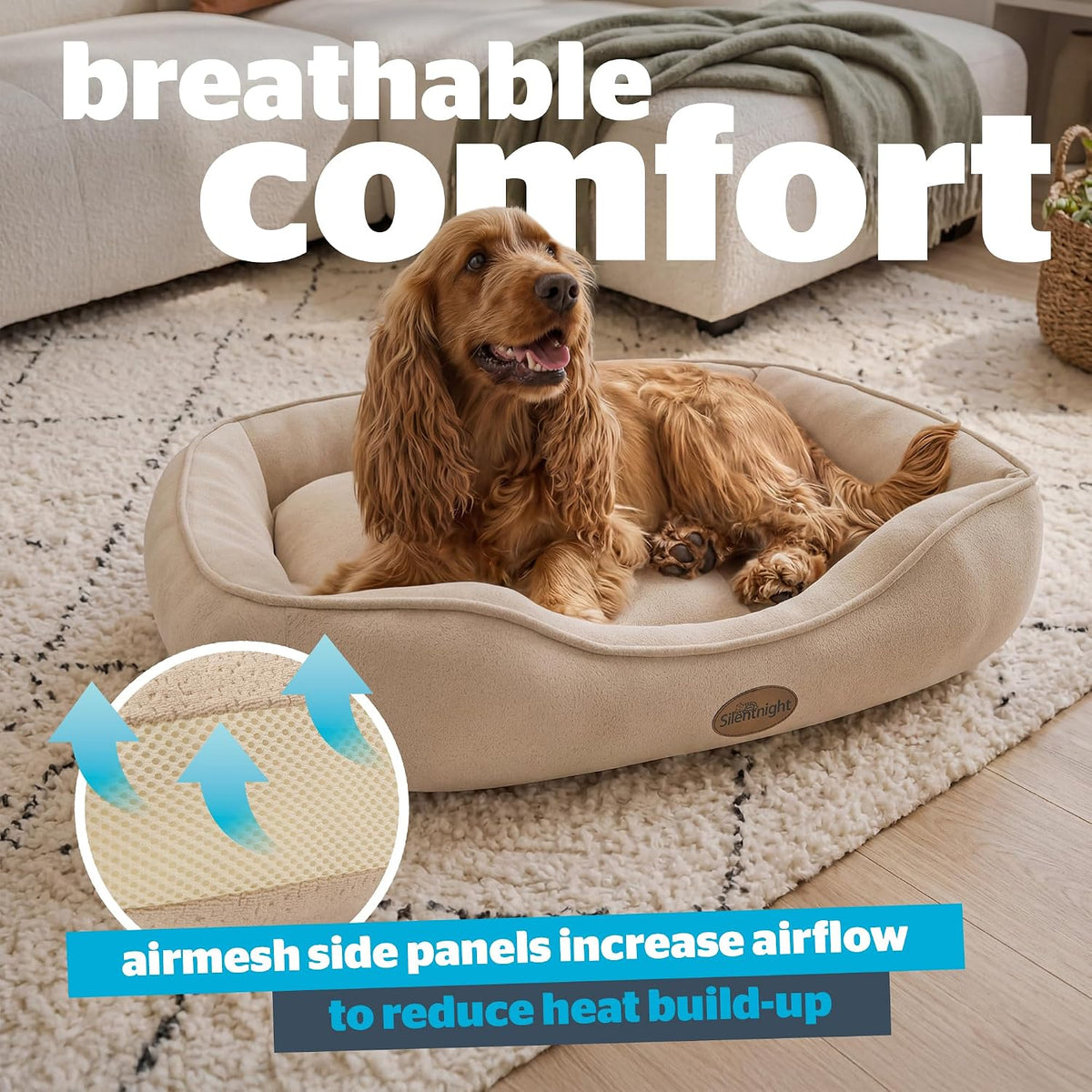 Silentnight Airmax Pet Bed - Comfortable Support for Head & Body - Breathable Prevent Overheating - Reversible Removable Cushion & Non-Slip Base - Easy Clean Machine Washable Dog Bed, Natural, Small